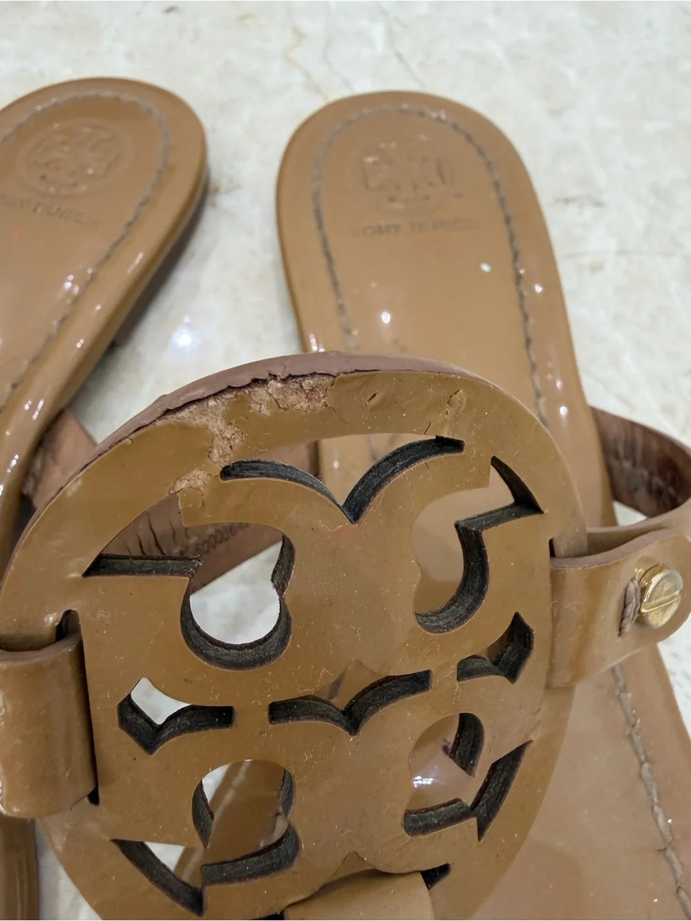 Tory Burch Tan Patent Leather Thong Sandals